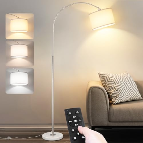 Qingmiao Floor Lamps for Living Room, Silver Arc Floor Lamp with LED Bulb & Remote Control & Foot Switch, 3 Color Temperatures and Stepless Dimmable, Standing lamp for Bedroom Office Dorm Room