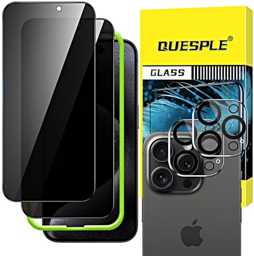 QUESPLE Privacy Screen Protector for iPhone 15 Pro 6.1-Inch with Camera Lens Protector, Anti-Spy Tempered Glass Film with Easy Installation Tool, Case Friendly, 2+2 Pack