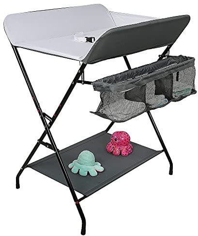 Kedia Baby Wickelkombi - klappbare Wickelkommode, mobiler Wickeltisch mit Wickelauflage, Sicherheitsgurt und Ablagefächern, platzsparend & stabil (79 * 55.5 * 96cm Grau Weiß)