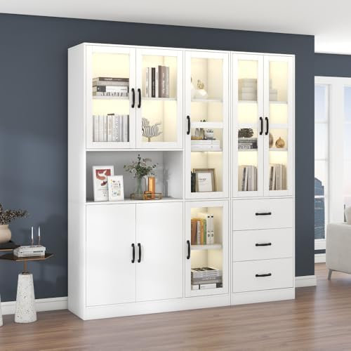 Zubaliya Vitrines combinées Blanches avec éclairage LED, 8 Portes, 3 tiroirs de 200 cm de Haut et 180 cm de Long, vitrine Blanche sur Pied - Parfait pour présenter Votre Maison