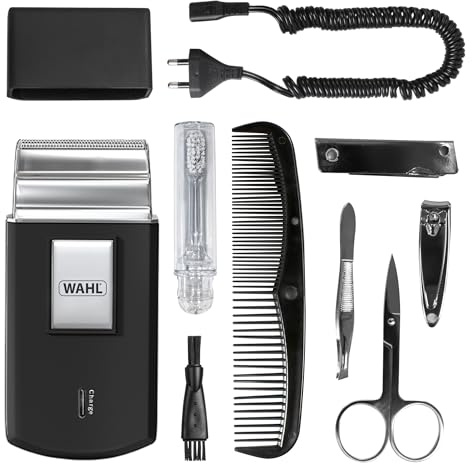 Wahl Travel Shaver Kit, ricaricabile, lamina flessibile, include spazzolino da denti, lima per unghie, forbici per unghie, pinzette, pettine, perfetto per i viaggi, piccolo, custodia da viaggio