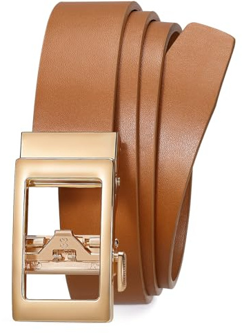 LEACOOLKEY Automatik Damen Ratschen Ledergürtel Verstellbarer Ohne Löcher Damengürtel für Jeans Hosen mit goldener Schiebeschnalle,3cm Breite