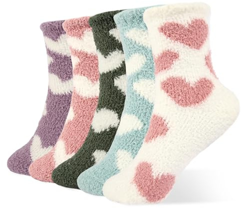 DELAESI Gosiga strumpor för damer, 5 par sovstrumpor, korallfleece, fluffiga strumpor, varm elasticitet, sovstrumpor för damer, husstrumpor för vinter och jul