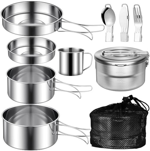 Camping Kochgeschirr Edelstahl Topfset, 10-teiliges Camping Kochgeschirr Set mit Camping Kochtopf Outdoor und Pfanne Set, 1.5L Camping Topf, Besteck & Tasse für Camping, Wandern und Picknick
