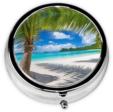 Mini boîte à pilules ronde en métal avec imprimé palmiers et mer transparente 5,1 x 5,1 x 1,8 cm pour sac à main