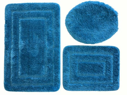 Euromat Badematte Badezimmerteppich Badteppich – rutschfest, Weich, Waschbar, Schnelltrocknend – Alor 3 TLG Set (Blau)