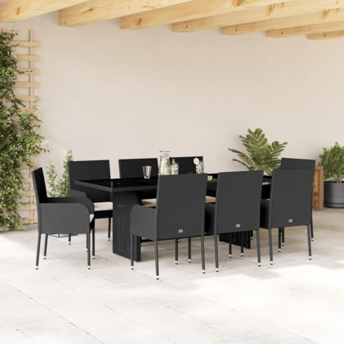 QJBSAVVA 9-TLG. Poly Rattan Gartenmöbel Set Schwarz 190 x 80 cm Glasplatte Gartentisch mit 8 Stühlen Plus cremefarbenen Kissen Outdoor Essgruppe für Terrasse Balkon Campingplatz