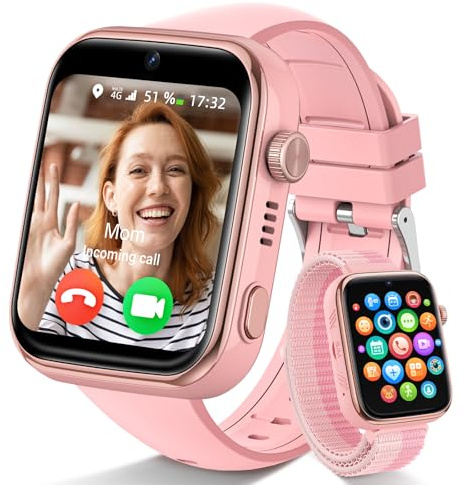 Smartwatch Kinder mit Videoanruf und Telefon, Kinderuhr mit GPS Voice Chat, Whatsapp, WiFi, SOS, SMS, Schulmodus, Schrittzähler, IP68 Wasserdicht, Wecker Kids Smartwatch für Mädchen/Jungen, Rosa