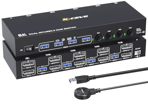 DP KVM Switch 4 Computer 2 Monitore, KCEVE USB 3.0 Displayport KVM-Umschalter für zwei Monitore, unterstützt 4K@60 Hz für 4 DP-Computer, die sich 2 DP-Monitore, Tastatur und Maus teilen