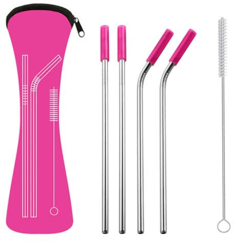 Warmhm Lot 6 Pailles en Acier Inoxydable 304 avec Embouts en Silicone Anti-rayures, Suceurs à Boire Réutilisables, Ensemble pour Smoothies, Boissons, Pique-niques et Couleur Aléatoire