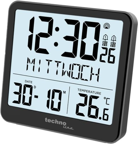 Technoline WT 285 Funkwecker DCF77, Digitaler Wecker mit 2 Alarmen & Snooze, Temperaturanzeige mit MIN/MAX, Kalender & Zeitzone, Großes Display mit Hintergrundbeleuchtung, Schwarz