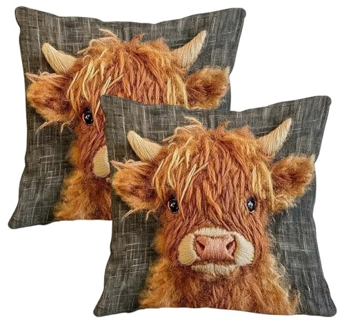 SKIPTHYBER Highland Cow Kissenbezug-2PCS Deko Kissen Kuh Dekorative Highland Cow Rustikales Tierdesign im Bauernhausstil Gedrucktes Muster Balkon Zimmer Zierkissen 45x45cm