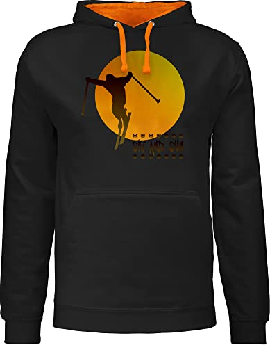 Pullover Herren Frauen Hoodie Kontrast zweifarbig - Skiurlaub Apres - Ski and Sun - Skifahrer - L - Schwarz/Orange - Damen männer Pulli Kordel mit Kapuze Hoody Kapuzenpullover pullis