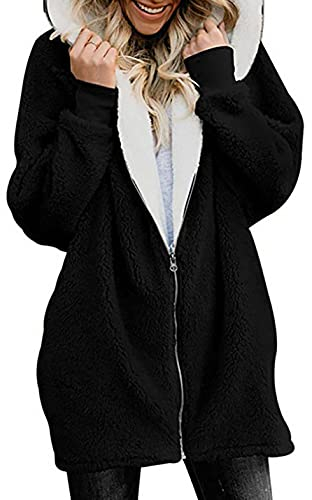 SALUC1A Damen Plüschjacke Warm Jacke Fleecejacke Winterjacke Herbst Winter Flauschige Kapuzenjacke Frauen Lose Reissverschluss Teddy Fleece Übergansjacke Outwear mit Kapuze und Taschen