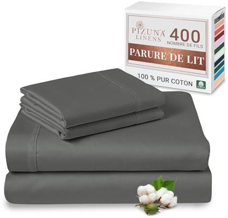 Pizuna Coton Peigné Parure de Lit 180x200 cm Complet Gris foncé, 100% Coton Longue Durée 400 Fils Armure Satin Comprend 1 Drap Housse, 1 Drap Plat, 2 Taie d'oreiller (Coton Draps 2 Personnes)