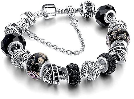 GIVBRO Bracelet Femme Perle Plaqué Argent avec Perle en Verre de Murano et Oxyde de Zirconium Noir