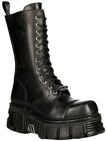 Stivali Unisex New Rock M-MILI211C-C1 in 100% Vera Pelle Nera Techno Metallizzati con Lacci da Motociclista