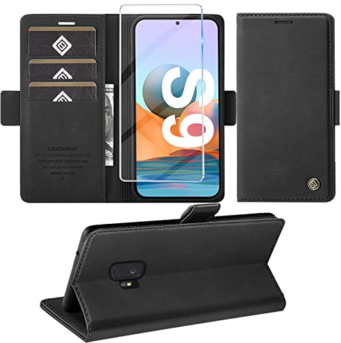 Handyhülle für Samsung Galaxy S9 Hülle mit Schutzfolie, Standfunktion Kartenfach Wallet Premium Leder Schutzhülle S9 Flip Case Cover Stoßfeste Klapphülle S9 5.8 Zoll (Black)