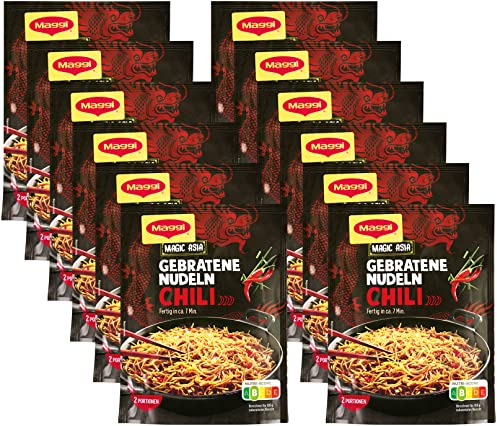 MAGGI Magic Asia Gebratene Nudeln Chili, leckeres Fertiggericht, Instant-Nudeln, mit scharfer Chili & Gemüsestückchen, asiatisch gewürzt, 12er Pack (12 x 122g)