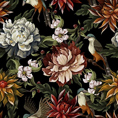 HEKO PANELS Stoff Oxford Wasserdichte Meterware Canvas-Stoff Polyester Stoff Zum Nähen Nähstoffe Möbelstoffe Dekostoffe Handwerken Wasserabweisend Blickdicht Pfingstrosen Vögel 1 Meter 155 x 100 cm