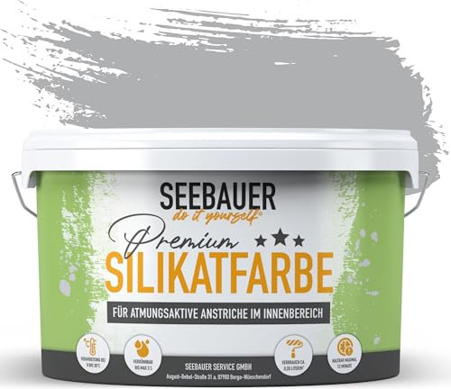 SEEBAUER diy Silikatfarbe Grau 10L für Innen (No. 220 Grey Stone) Atmungsaktive Mineralfarbe für Allergiker - Abwaschbare Wandfarbe - Grautöne hohe Deckkraft