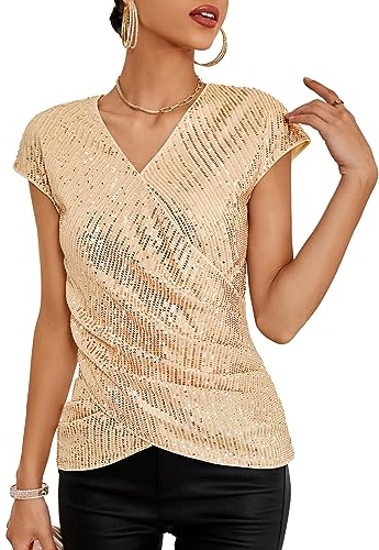 GRACE KARIN Damen Einfarbig Top V-Ausschnitt Pailletten Oberteil Elegant Kurzarm Tops, Farbe: Champagner Gold, Größe: M