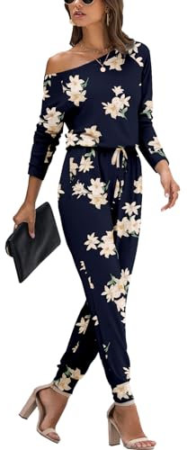 PCEAIIH Women's One Piece Jumpsuit Casual Loose Off Shoulder Long Sleeve Elastic Waist Stretchy Romper with Pockets XXL Navy Lily