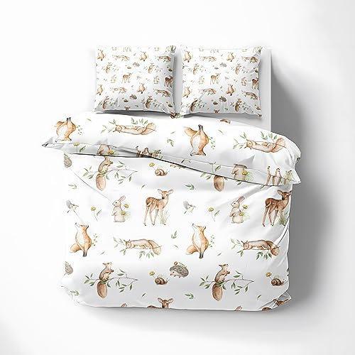 MOBEITI Waldtiere Bettwäsche 220x240, Hirsch Fuchs Kaninchen Eichhörnchen Wendebettwäsche, Weiche Kuschelige Mikrofaser Bettbezug Set 3teilig, 2 Kissenbezug 80x80, mit Reißverschluss