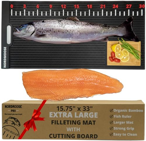 Extra Large Fish Fillet Mat with Ruler Decal, 33x15.75, Portable and Grippy Fish Cleaning Mat with Bamboo Fish Cutting Board Area-Ideal Fish Fillet Board for Bait Cutting, Filleting, and Descaling
