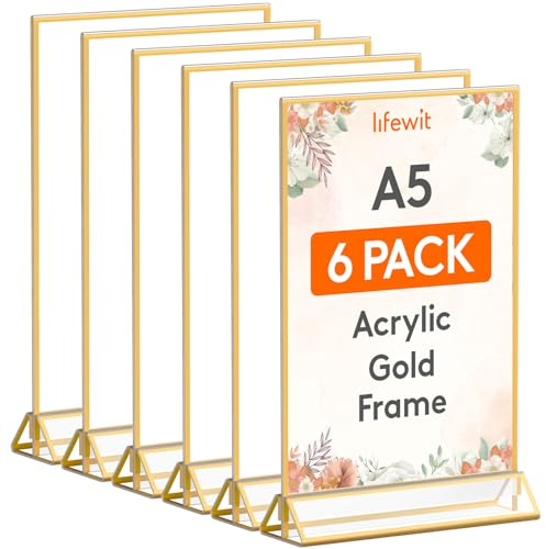 Lifewit 6 Pack A5 Acrylique Porte-affiches avec bordures dorées, support vertical transparent double face, porte-menu en plastique, porte-numéro de table, cadre photo pour mariage, fête, restaurant