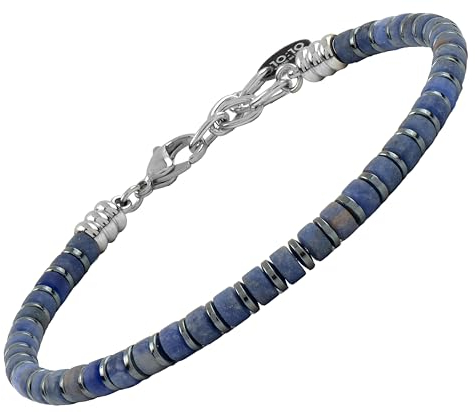 10:10 Bracelet homme pierres dures naturelles 4 mm, rondelles hématite acier, réglable, fabriqué en Italie, Regolabile, Acier allié