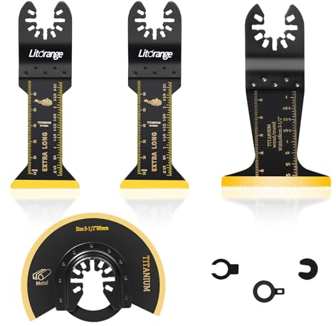 Litorange 4 Stück oszillierende Titan-Multitool-Klingen, universelle Schnellwechsel-Multitool-Klingen zum Schneiden Harter Materialien, Metallnägel, Schrauben, Holz und Kunststoff, B103-4