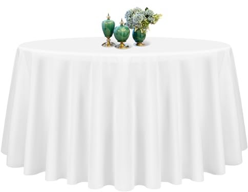 Showgeous Tischdecke Weiße Runde Tischdecke 228cm Polyester Stoff Tischdecke Rund Waschbare Tischdecke für Hochzeit Bankett Restaurant Buffet Parteien Garten