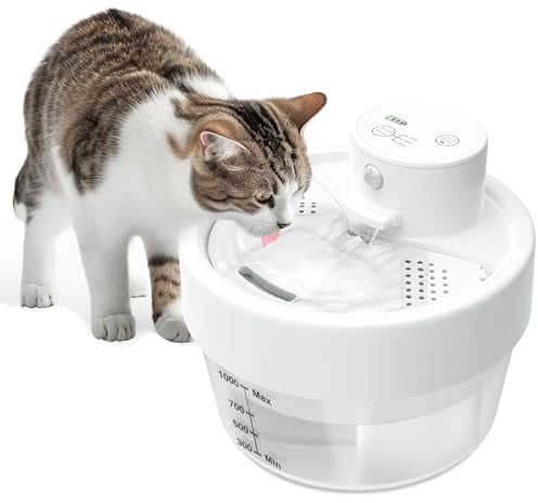 Jewyow 1L Fontaine a Eau Chat sans Fil, 2200mAh Intelligente Fontaine à Eau pour Chat à Pile avec Détecteur de Mouveme, Indicateur de Batterie,Ultra Silencieux Pompe
