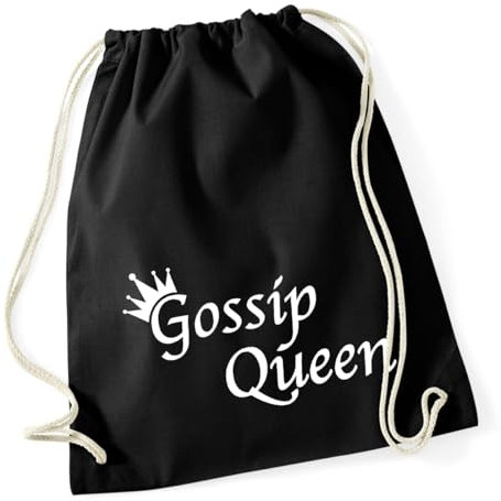 Huuraa Turnbeutel Gossip Queen Krone Rucksack Baumwolle 12 Liter Black mit Motiv für jede Tratschtante Geschenk Idee für Freunde und Familie