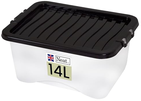 Neat. Plastics 14L Storage Box, Clear Base, Black Lid - Organise Easily with Plastic Storage Box with Lid, Ideal Clear Boxes for Storage, Durable Plastic Boxes with Lids Storage, Pack of 1