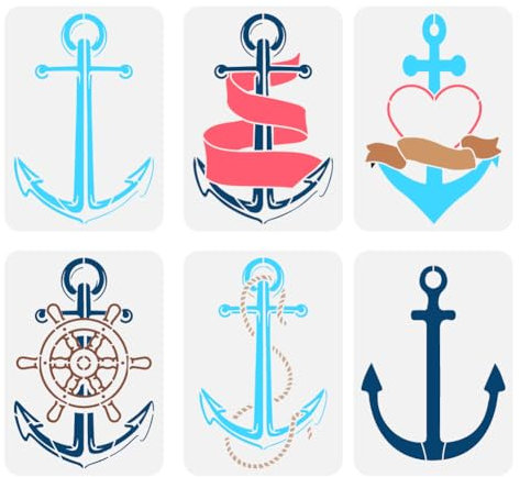 FINGERINSPIRE 6 Stück Anker Malschablone 29.7x21 cm Wiederverwendbar 6 Stile Anker Ruder Liebe Zeichnungsvorlage DIY Sommer Nautisches Thema Dekor Schablone Zum Malen Auf Holz Wand Stoff Möbeln