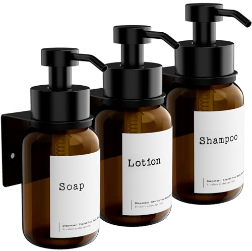 Seifenspender Wandbefestigung 3 Stück | Moderner Glas Seifenspender 250ml | Kleben oder Bohren | Flüssigseifenspender für Handseife Shampoo Spülmittel Duschgel
