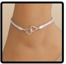 Wedity cristal coeur cheville chanceux 8 caractères chaîne plate argent bracelet cheville accessoires de pied d'été Femmes bijoux (Argent C)