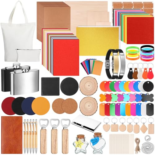 Dunzoom Kit de 257 matériaux de gravure laser comprenant acrylique, métal, bois, tissu, cuir synthétique, verre, roche, caoutchouc pour graveurs laser et découpeuses laser