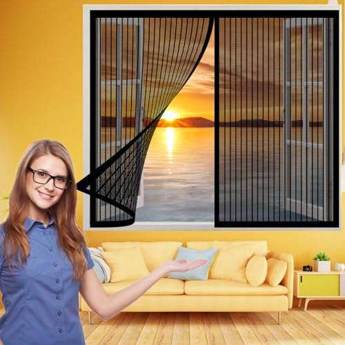 Fliegengitter Fenster 150 x 90 cm, Insektenschutz mit Starkem Klettband, Einfache Installation für Alle Arten von Fenstern, Schwarz