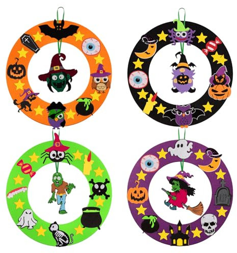 Benjia 4 Stück Halloween Kranz Bastelsets für Kinder, DIY Filzkranz Halloween Ornamente mit Kürbis, Hexe, Eule, Fledermaus, Spinne, Skelett für Partyaktivitäten