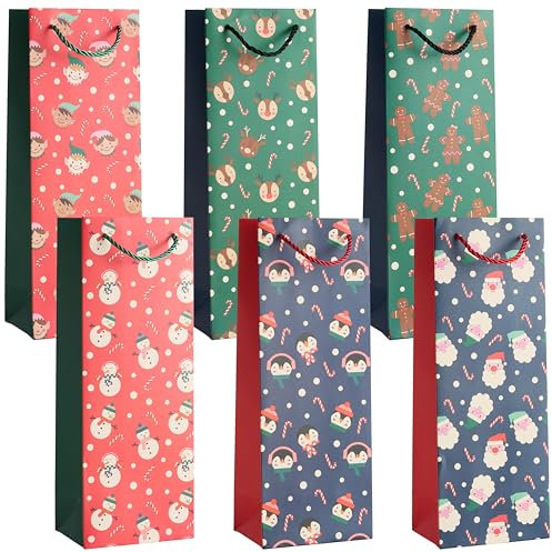 THE TWIDDLERS - 6 Christmas Wine Gift Bags with Sturdy Rope Handles in Assorted Festive Xmas Designs, Gift Bottle Bags, 1 of Each Design, Festive Xmas Wine Bottle Bag - 35cm x 13cm
