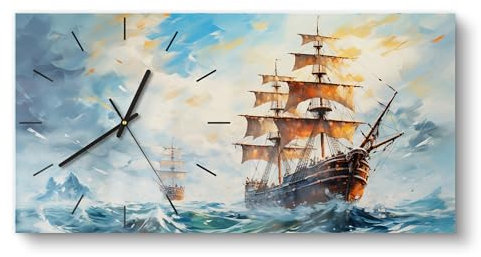 DEQORI Glasuhr | vertikal 60x30 cm | Motiv Stürmische See | große XXL Design Uhr aus Glas | leise Wanduhr für Wohnzimmer & Küche | Moderne Hingucker Uhr für die Wand