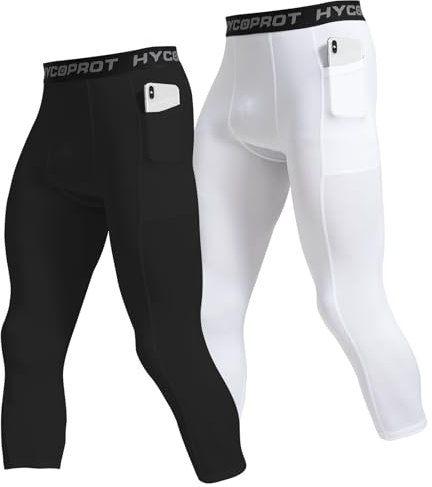 HYCOPROT 1 or 2er Pack Herren 3/4 Kompressionshose mit Taschen Laufhose Tights Sport Leggings Atmungsaktiv Funktionsunterhose Tight Hose für Basketball Fitness Joggen (Black/White, M)