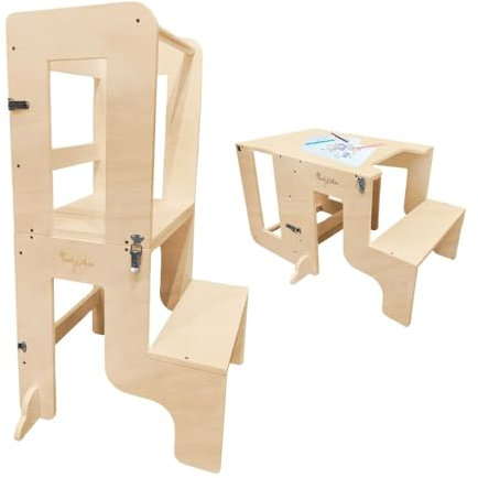 Family Nation, Torre Montessoriana 2 in 1, Convertibile in Tavolo e Sedia, per Bambini da 1 Anno di Età, Struttura in Legno con Supporto Extra, Natural, 42x45x86 cm