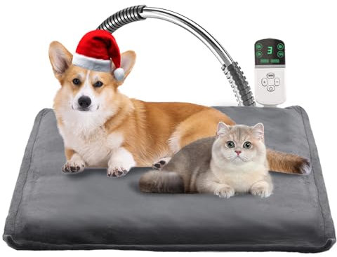 Pet Electric Blanket, 35℃-50℃ Adjustable Temperature Kitten Dog Heat Pad with Timer, Waterproof Pet Blanket with 1.8m/5.9ft Chew Resistant Cord, Heat Resistant Mat with Auto Shut Off (Grey, 45 x 70CM)