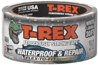 T-Rex Cinta impermeable flexible, cinta adhesiva resistente al agua para reparación, fugas, parches de techo, resistencia extrema a la intemperie y a los rayos UV, color blanco, 1.9 pulgadas x 30 pies
