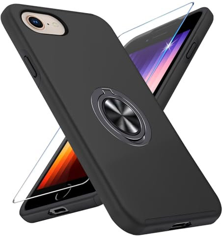 Vaki Handyhülle für iPhone SE/8/7 Hülle mit Schutzfolie, Schutzhülle Phone SE 2020 2022 8 7 Case mit Magnetischer Ring Ständer Kratzfest Fallfestigkeit Stoßfest für iPhone SE/8/7 Cover (Schwarz)