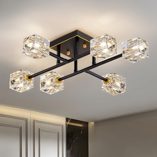 Moderne Deckenleuchte Kristall Deckenlampe Schwarze und Gold Sputnik Kronleuchter, 6-Lichter Design, Luxus K9 Kristall Kronleuchter für Schlafzimmer Esszimme Flur